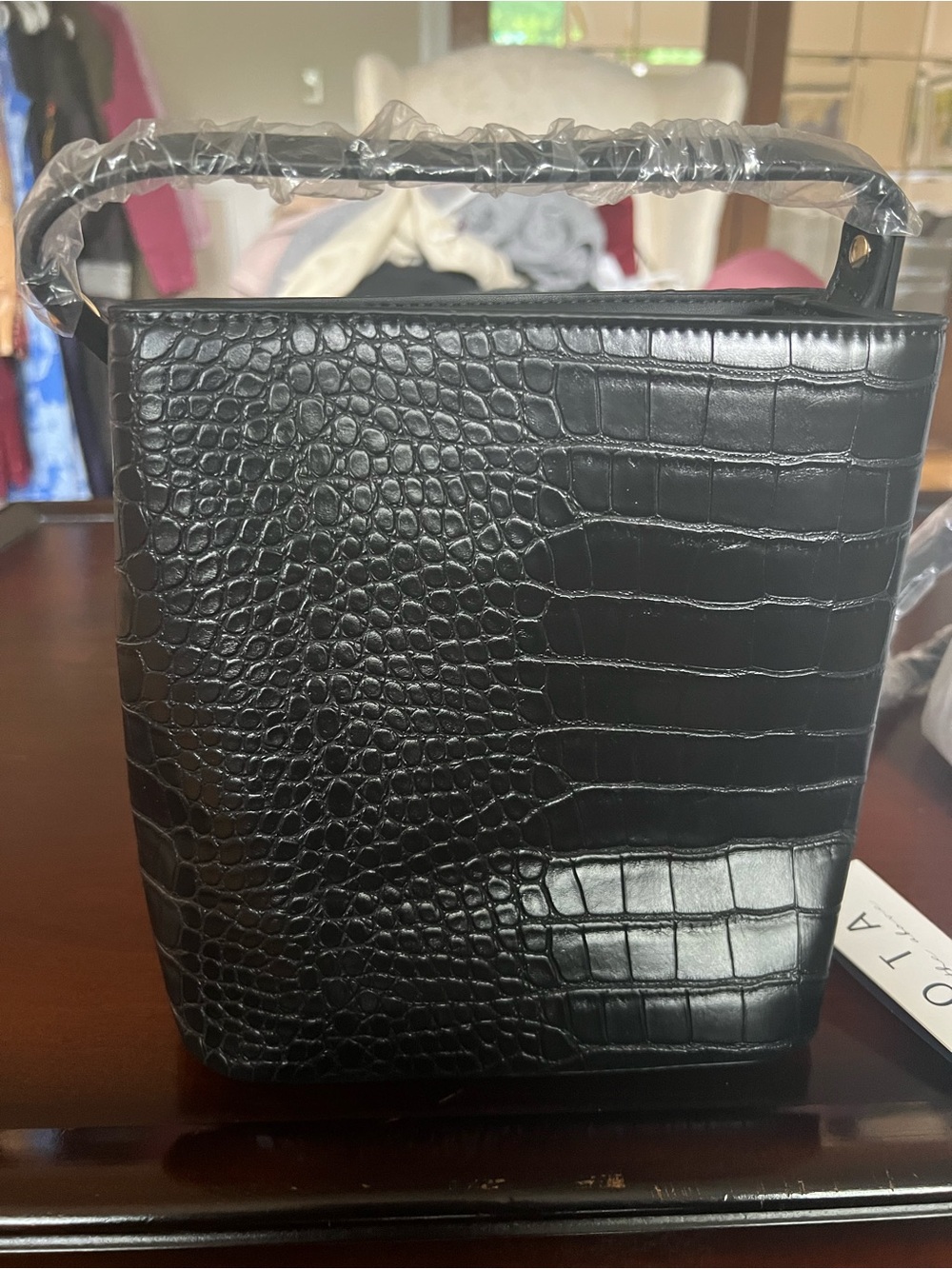 Black Croc-Embossed Crossbody Bag with Top Handle